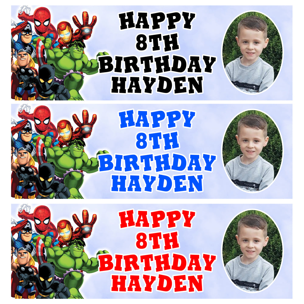 SUPER HERO SQUAD Photo Personalised Birthday Banners - Marvel Heroes